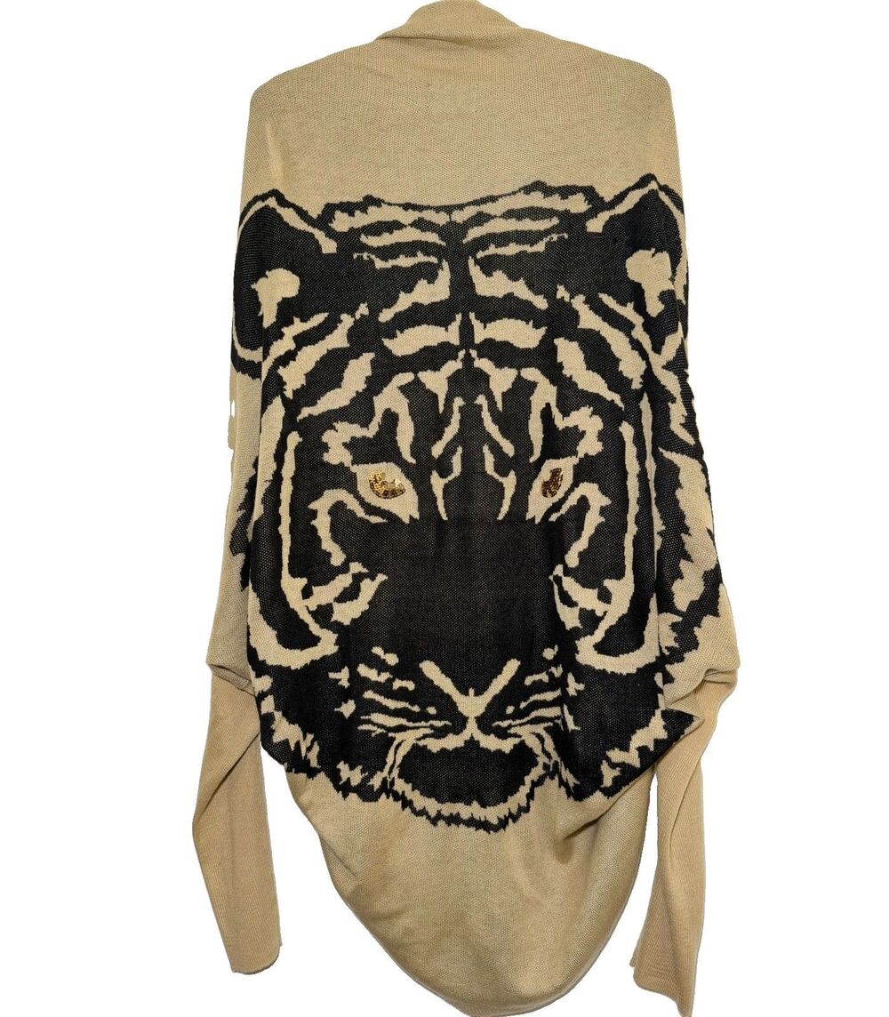 ACTIVE Tiger Cardigan Womens M Oversized Cocoon Batwing Sequin Eyes Animal